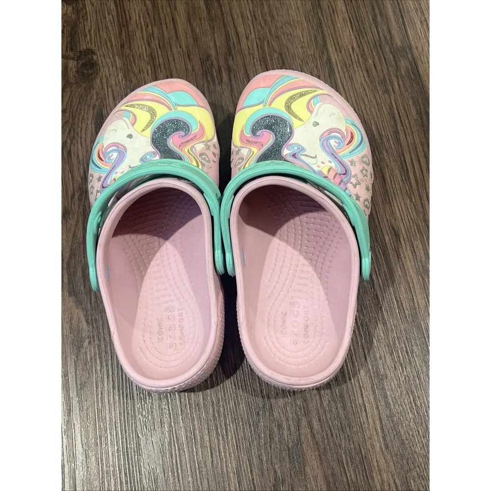 Crocs Fun Lab Unicorn Girls Clogs Boat Shoes Pink Slip On Glitter Shoes Size J 2